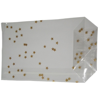 100 OPP-Blockbodenbeutel mit Siegelnaht Weihnachtsbeutel mit Sternen Gold 145x235mm